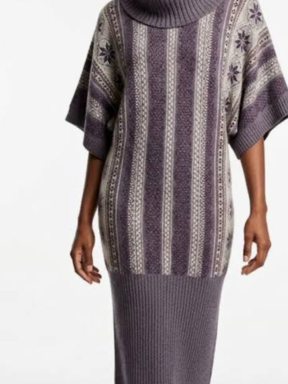 Y2K era Moda International Fair Isle Cowl Neck Short Sleeve Sweater Dress.